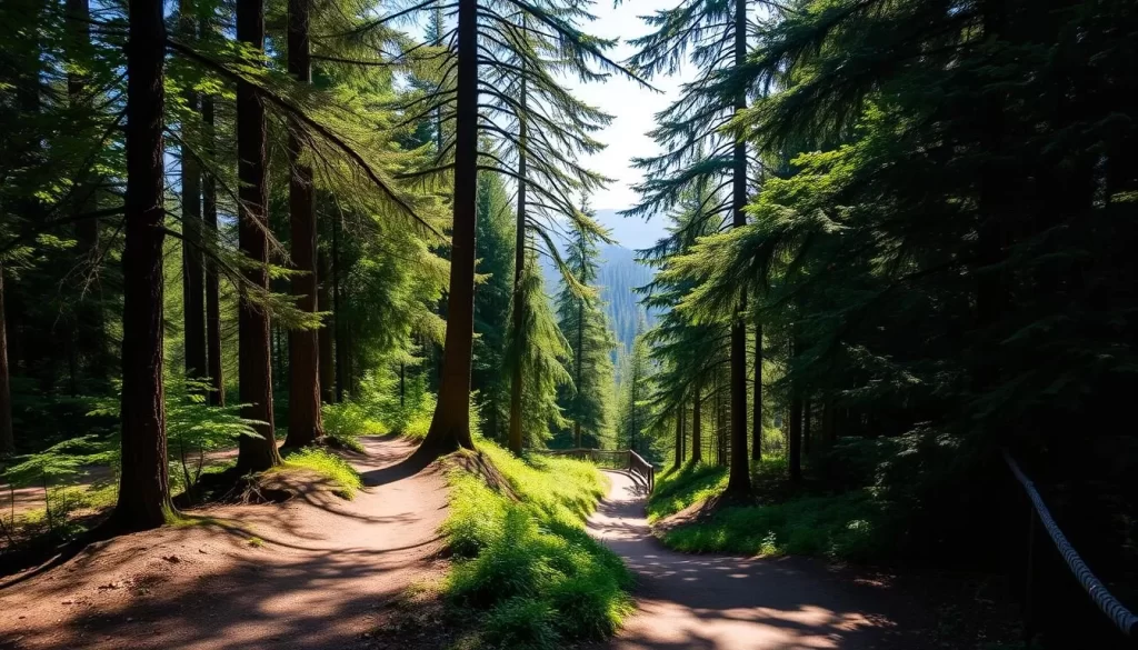 A scenic hiking trail winding through a lush, verdant forest in Bellevue, Washington. Sunlight filters through the canopy of towering evergreen trees, casting a warm, dappled glow on the packed earth path below. In the foreground, a well-maintained trail with gentle slopes and occasional wooden bridges leads hikers deeper into the serene wilderness. The middle ground features a mix of towering firs, cedars, and maples, their branches creating a natural cathedral-like atmosphere. In the distance, the trail continues, disappearing into the hazy blue backdrop of the Cascade mountain range. The overall mood is one of tranquility, inviting exploration and a connection with the natural beauty of the Pacific Northwest.