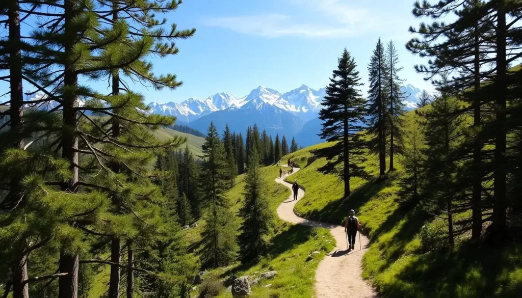 A scenic hiking trail winding through the lush, rolling hills of Vorarlberg, Austria. Tall pine trees frame the path, dappled sunlight filtering through the foliage. In the distance, the majestic snow-capped peaks of the Austrian Alps rise up, creating a breathtaking backdrop. Hikers traverse the well-maintained trail, taking in the fresh mountain air and stunning vistas. The scene conveys a sense of peaceful adventure, perfect for outdoor enthusiasts seeking to explore the natural beauty of Vorarlberg.