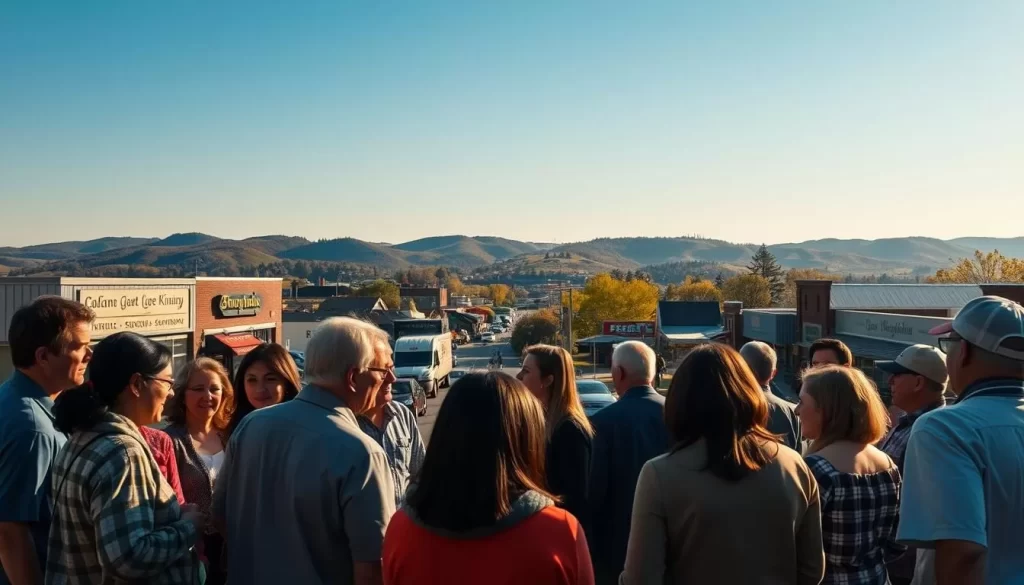 A scenic landscape depicting the linguistic diversity of New Hampshire. In the foreground, a group of people conversing in various languages, their expressions animated and engaged. The middle ground features a bustling downtown area, with storefronts and signs in multiple scripts, reflecting the state's multilingual character. In the background, rolling hills and a clear blue sky, creating a peaceful, welcoming atmosphere. The lighting is warm and natural, with a soft, golden glow illuminating the scene. The composition is balanced, drawing the viewer's eye to the interplay of cultures and languages that defines the "Linguistic Landscape of New Hampshire".