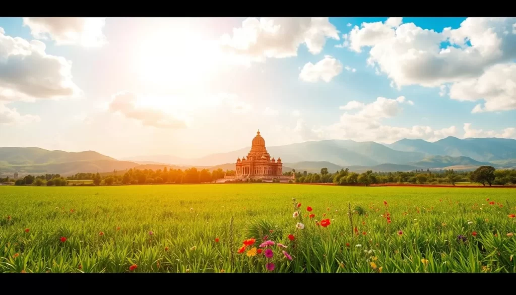 A scenic landscape depicting the official languages of Uttar Pradesh, India. In the foreground, a lush green field stretches out, with vibrant wildflowers dotting the landscape. In the middle ground, a majestic temple rises up, its ornate architecture a testament to the region's rich cultural heritage. The sky above is a brilliant blue, with fluffy white clouds drifting lazily across. Warm, golden sunlight filters through, casting a serene glow over the entire scene. In the background, rolling hills and mountains loom, their peaks capped with a dusting of snow. The overall atmosphere is one of tranquility and cultural vibrancy, capturing the essence of the official languages of Uttar Pradesh.