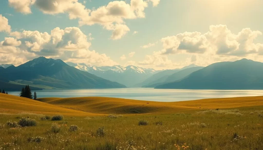 A scenic landscape in Montana during the summer months. A lush, verdant foreground with rolling hills and meadows dotted with wildflowers. In the middleground, a tranquil lake reflects the azure sky and distant snow-capped peaks of the Rocky Mountains. Warm, golden sunlight filters through fluffy clouds, casting a soft, inviting glow over the entire scene. The atmosphere is peaceful and serene, evoking a sense of calm and relaxation. Subtle, muted tones create a natural, photorealistic aesthetic. Capture the beauty and splendor of Montana in the perfect weather-savvy season.