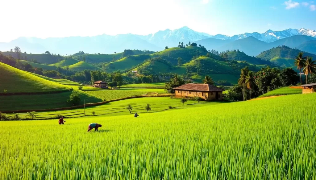 A scenic landscape of Manipur, India, bathed in warm afternoon sunlight. In the foreground, lush green rice paddies stretch out, with local farmers tending to their crops. In the middle ground, rolling hills covered in verdant foliage rise up, punctuated by the occasional traditional wooden house. In the distant background, the majestic snow-capped peaks of the Himalayas loom, creating a breathtaking backdrop. The scene exudes a sense of tranquility and harmony, inviting the viewer to experience the beauty and natural splendor of this weather-savvy travel destination.