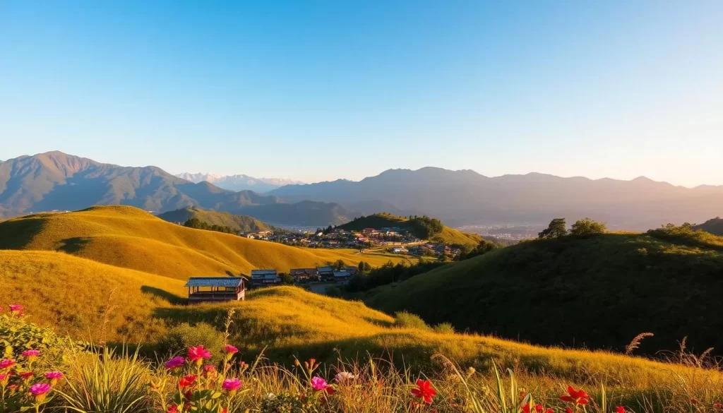 A scenic landscape of Miaoli County, Taiwan, on a pleasant day. In the foreground, rolling hills dotted with lush green vegetation and vibrant wildflowers sway gently in a soft breeze. The middle ground features a picturesque village nestled between the hills, its traditional Taiwanese architecture bathed in warm, golden sunlight. In the background, majestic mountains rise up, their peaks glistening under a cloudless azure sky. The entire scene is imbued with a sense of tranquility and harmony, reflecting the temperate, mild climate that characterizes Miaoli County throughout the year.
