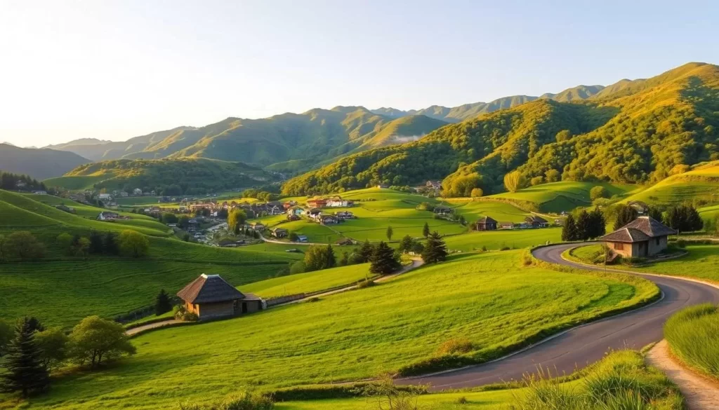 A scenic landscape of North Jeolla Province, South Korea, on a pleasant day. In the foreground, a winding country road leads through lush, verdant fields dotted with traditional thatched-roof houses. In the middle ground, rolling hills covered in vibrant green foliage rise up, with the occasional glimpse of a meandering stream or a quaint village nestled in the valleys. The background is dominated by a range of majestic mountains, their peaks bathed in warm, golden sunlight. The overall atmosphere is one of tranquility and natural beauty, inviting the viewer to imagine themselves exploring the serene countryside of this captivating region.