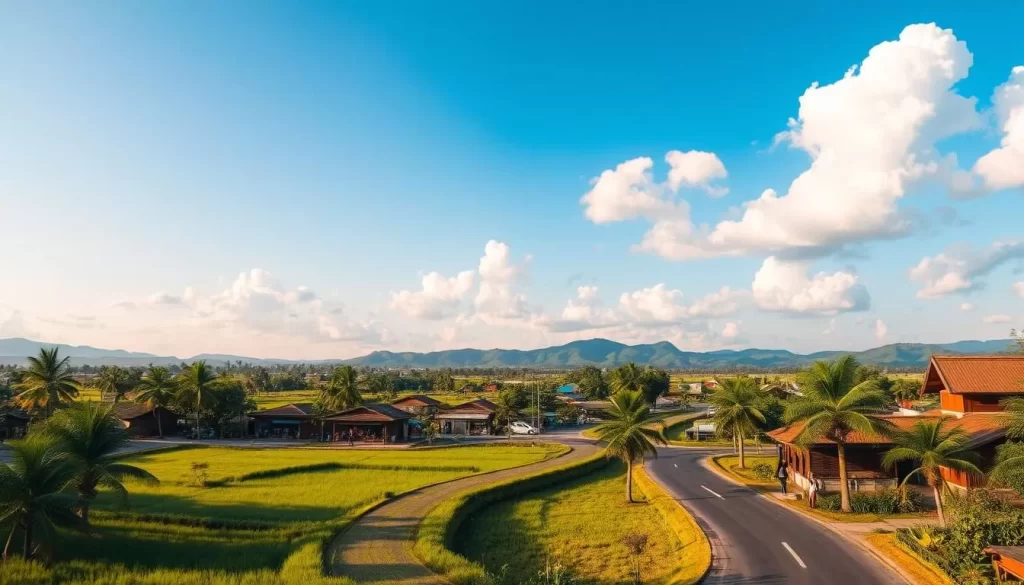 A scenic landscape of Udon Thani, Thailand on a clear, sunny day. In the foreground, a winding road leads through lush, verdant rice fields and palm trees. In the middle ground, traditional Thai wooden houses and shops line the streets, with locals going about their daily activities. In the background, rolling hills and a bright blue sky dotted with fluffy white clouds create a picturesque backdrop. The warm, golden lighting illuminates the scene, creating a serene and inviting atmosphere. Captured with a wide-angle lens to showcase the vast, expansive landscape.