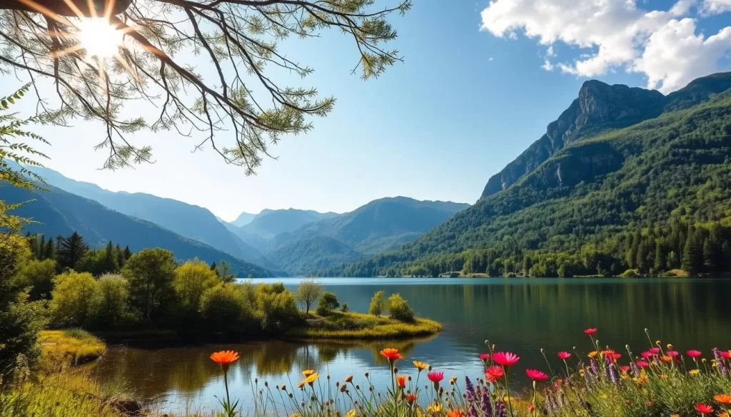 A scenic landscape of Yedigöller National Park, Turkey, featuring a serene lake surrounded by lush, verdant forests and towering mountains in the background. Sunlight filters through the branches, casting a warm, golden glow over the scene. The calm waters of the lake reflect the surrounding natural beauty, creating a peaceful, tranquil atmosphere. In the foreground, vibrant wildflowers dot the shoreline, adding a touch of colorful vibrancy to the composition. The entire scene is captured with a wide-angle lens, showcasing the grandeur and scale of this breathtaking natural wonder.
