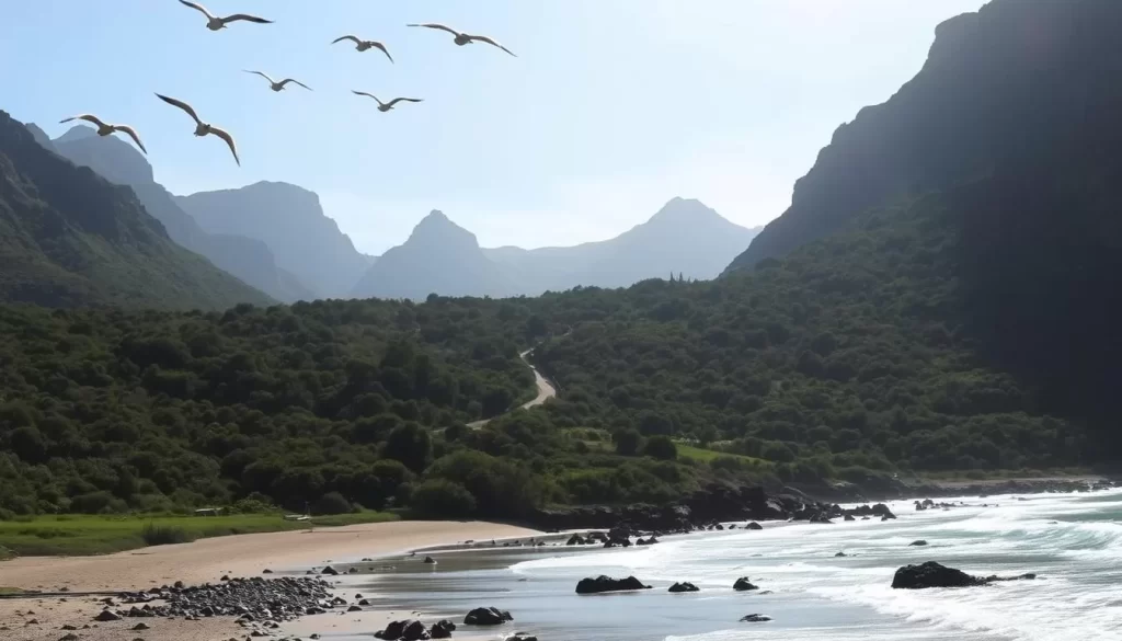 A scenic landscape of the East London coastline in South Africa, with lush greenery and towering cliffs along the shore. In the foreground, a tranquil beach with rolling waves and scattered rocks. Seabirds soar overhead, their cries carried on a gentle breeze. The middle ground features a winding path through a dense forest, sunlight filtering through the canopy. In the distance, rugged mountains rise up, their peaks capped with a dusting of snow. The overall scene conveys a sense of peaceful solitude and the beauty of the natural world.