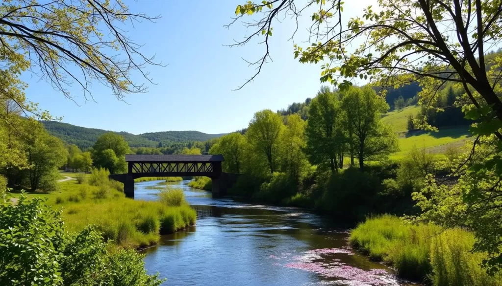A scenic landscape of the Winooski River winding through verdant hills and forests on a bright, sunny day. In the foreground, the tranquil river reflects the azure sky and surrounding foliage. Lush trees line the riverbanks, their branches casting delicate patterns of light and shadow. In the middle ground, a picturesque covered bridge spans the river, its rustic timber frame and architecture in harmony with the natural setting. The background features rolling hills dotted with patches of wildflowers, creating a serene and picturesque pastoral scene. The lighting is soft and diffused, lending a warm, golden glow to the entire composition. Capture this idyllic outdoor adventure along the Winooski River with a wide-angle, landscape-oriented lens.