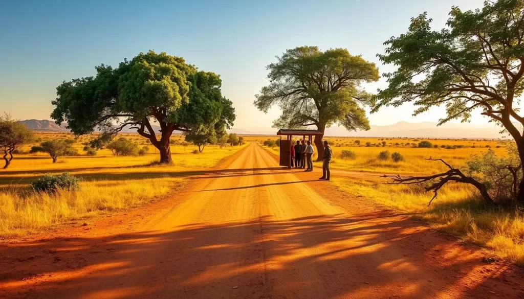 A scenic landscape of the entrance to Sibiloi National Park, Kenya. A wide, well-maintained dirt road leads through an open, grassy savanna, with distant hills and mountains visible in the background. Vibrant green trees and shrubs line the road, casting dappled shadows. A small, rustic wooden gate or booth stands at the entrance, where park rangers can be seen collecting fees from visitors. Warm, golden sunlight illuminates the scene, creating a welcoming and picturesque atmosphere. The overall impression is one of a well-organized, natural setting that invites exploration of the park's wonders beyond.