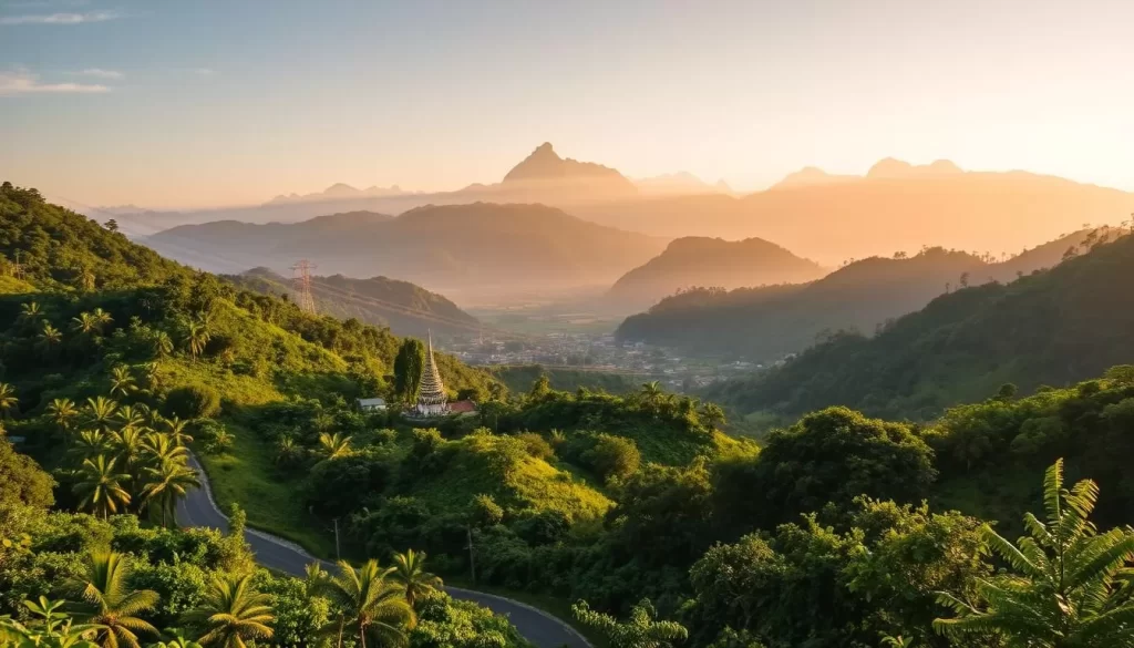 A scenic landscape of the lush, mountainous region of Chiang Rai, Thailand. In the foreground, a winding road leads through lush, verdant hills dotted with tropical foliage. In the middle ground, a small town nestled between the hills, its colorful buildings and temples peeking out from amidst the greenery. In the background, towering, mist-capped peaks rise up, creating a dramatic and serene backdrop. The scene is bathed in warm, golden sunlight, casting a soft, inviting glow over the entire landscape. The overall mood is one of tranquility and natural beauty, perfectly capturing the essence of Chiang Rai as a picturesque travel destination.
