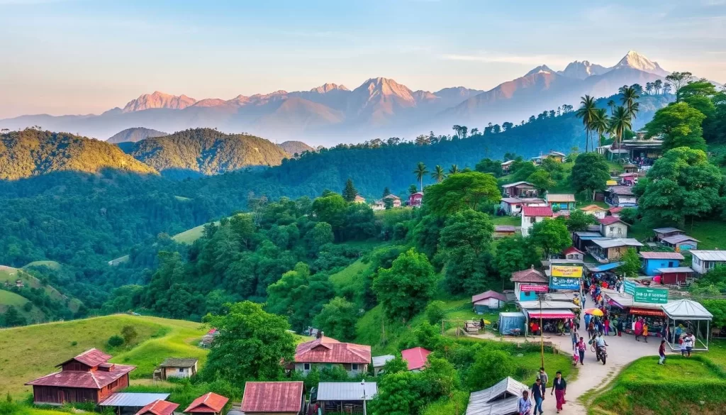 A scenic landscape of the northeastern states of India, featuring the diverse languages spoken in the region. In the foreground, rolling hills and verdant forests, with clusters of traditional houses and people conversing in various scripts and dialects. The middle ground showcases vibrant markets and bustling streets, where signs and banners display the multilingual nature of the area. In the distance, majestic mountains rise, their peaks touched by the warm glow of the sun, symbolizing the rich cultural tapestry of this captivating part of the country. The image is captured with a wide-angle lens, conveying a sense of expansiveness and harmonious coexistence of the region's linguistic diversity.
