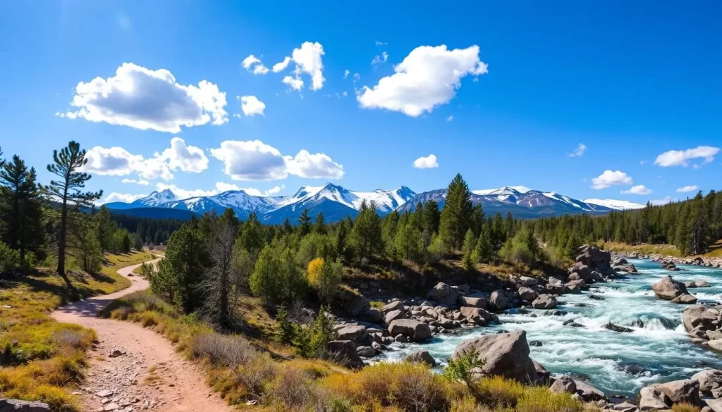 A scenic landscape of the rugged Black Hills in Sturgis, South Dakota, under a clear azure sky with fluffy white clouds. In the foreground, a winding hiking trail leads through a lush forest of pine and oak trees. In the middle ground, a rushing stream cascades over smooth boulders, its crystal-clear waters sparkling in the warm afternoon sunlight. In the distance, majestic snow-capped peaks rise up, creating a dramatic and awe-inspiring backdrop. The scene exudes a sense of adventure, tranquility, and connection with nature.