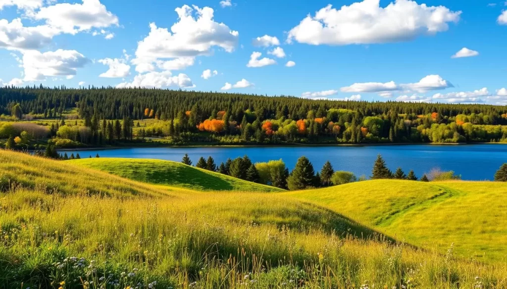 A scenic landscape showcasing the diverse geography and climate of Wisconsin. In the foreground, rolling hills covered in lush green meadows and wildflowers sway in a gentle breeze. In the middle ground, a serene lake reflects the clear blue sky above, dotted with fluffy white clouds. In the distance, stands a dense forest of towering pine and oak trees, their vibrant hues changing with the seasons. The lighting is warm and natural, casting a golden glow over the entire scene. The overall mood is one of tranquility and natural beauty, capturing the essence of Wisconsin's four distinct seasons.