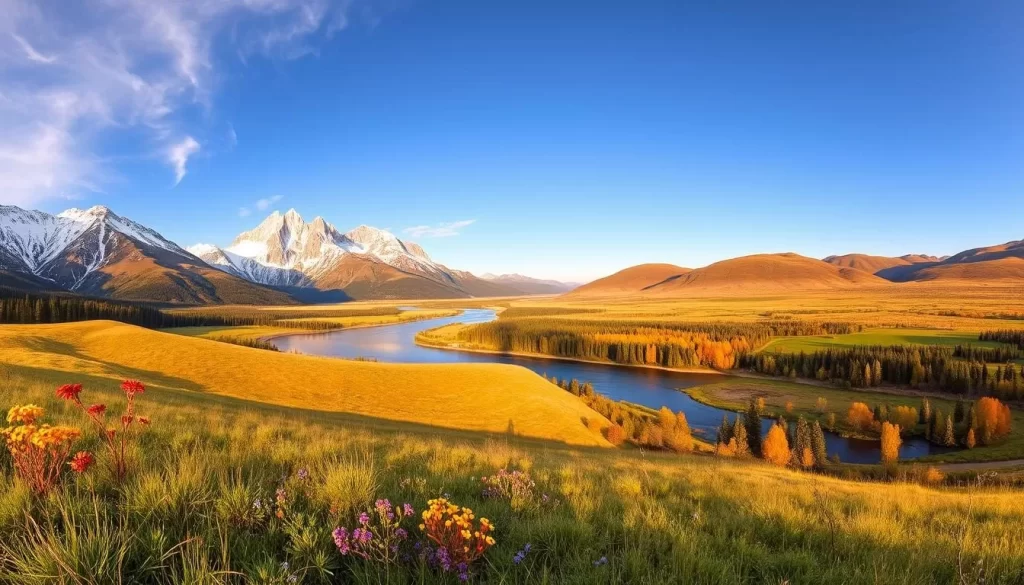 A scenic landscape showcasing the diverse seasons of Wyoming, USA. In the foreground, rolling hills blanketed in lush, verdant grass and vibrant wildflowers, bathed in warm, golden sunlight. In the middle ground, towering, snow-capped mountains rise majestically, their peaks gleaming under a clear, azure sky. In the distance, a winding river reflects the changing hues of autumn, its banks lined with colorful foliage. Subtle shifts in lighting and atmosphere capture the transitions between spring, summer, fall, and winter, offering a comprehensive seasonal overview of this captivating region.