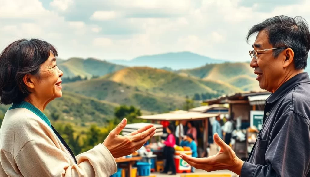 A scenic landscape showcasing the linguistic diversity of Jeolla province, South Korea. In the foreground, two individuals engaged in animated conversation, their hand gestures and facial expressions highlighting the unique cadence and tonality of the Jeolla dialect. The middle ground features a bustling market scene, with vendors and shoppers interacting in the local vernacular. In the background, the rolling hills and lush greenery of the Jeolla region provide a picturesque backdrop, bathed in warm, golden sunlight. The overall composition creates a vibrant and immersive representation of the Jeolla dialect, inviting the viewer to experience the rich cultural heritage of this linguistic tradition.