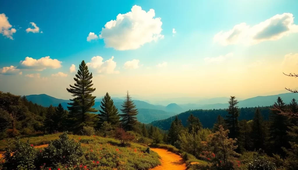 A scenic landscape showcasing the lush, verdant forests and rolling hills of Shivapuri Nagarjun National Park in Nepal. The park is bathed in warm, golden sunlight, with a clear blue sky dotted with fluffy white clouds overhead. In the foreground, a winding hiking trail leads through the dense foliage, inviting visitors to explore the park's natural wonders. The middle ground features towering pine trees and vibrant wildflowers, while the distant hills fade into a hazy blue horizon. The overall mood is one of tranquility and serenity, capturing the ideal time to visit this stunning natural retreat.