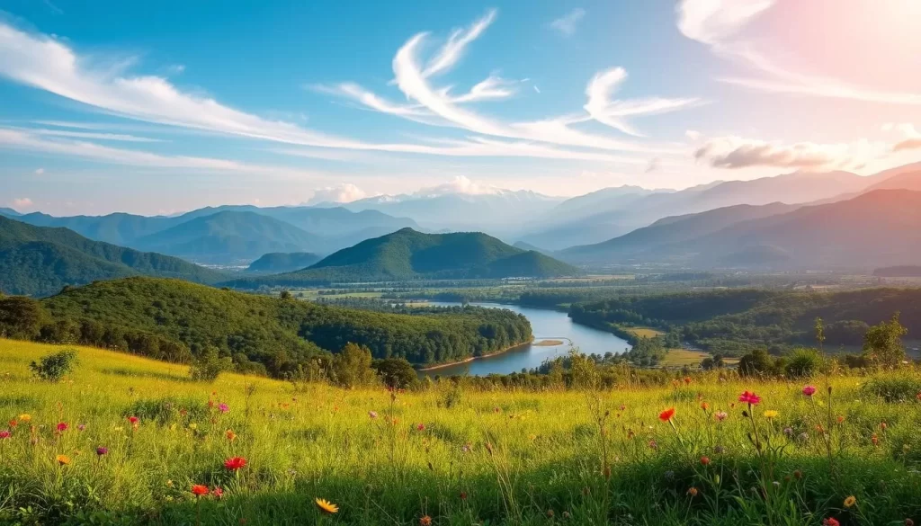 A scenic landscape showcasing the vibrant and diverse beauty of West Bengal, India during its best months for a weather-savvy trip. In the foreground, a lush green meadow dotted with colorful wildflowers. In the middle ground, rolling hills covered in verdant foliage, with a meandering river reflecting the clear blue sky above. In the background, majestic snow-capped Himalayan peaks piercing the horizon. Warm, golden sunlight filters through wispy clouds, creating a serene and inviting atmosphere. The composition captures the essence of West Bengal's temperate climate, diverse terrain, and natural splendor at its finest.