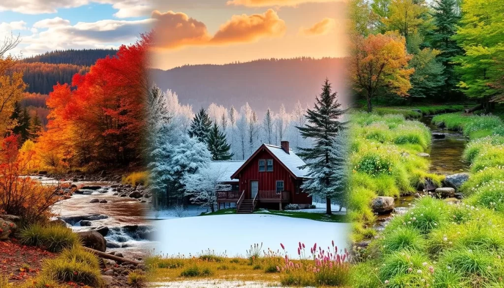 A scenic montage of Vermont's seasonal weather, captured through the lens of a professional photographer. In the foreground, a vibrant autumn landscape with fiery foliage and a serene stream. The middle ground features a picturesque winter wonderland, with a cozy cabin nestled amidst a pristine snow-covered forest. The background transitions to a lush, verdant spring scene, complete with a blooming wildflower meadow and a babbling brook. Soft, warm lighting bathes the entire composition, creating a welcoming and inviting atmosphere that captures the essence of Vermont's weather throughout the year.