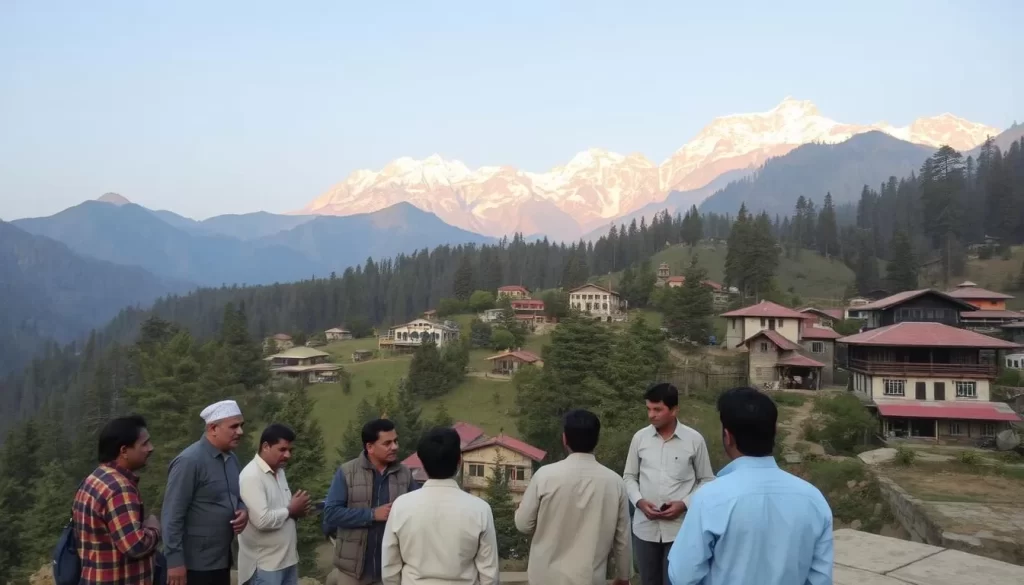 A scenic mountain landscape in Himachal Pradesh, India, with a diverse array of Hindi dialects and regional variations. In the foreground, a group of local villagers engaged in lively conversation, their dialects reflecting the distinct linguistic heritage of the region. The middle ground showcases the rolling hills and verdant forests, with traditional houses and structures dotting the landscape. In the background, the majestic Himalayan peaks rise, their snow-capped summits bathed in warm, golden light. The scene conveys a sense of cultural richness and linguistic diversity, capturing the essence of Hindi dialects thriving in the picturesque setting of Himachal Pradesh.