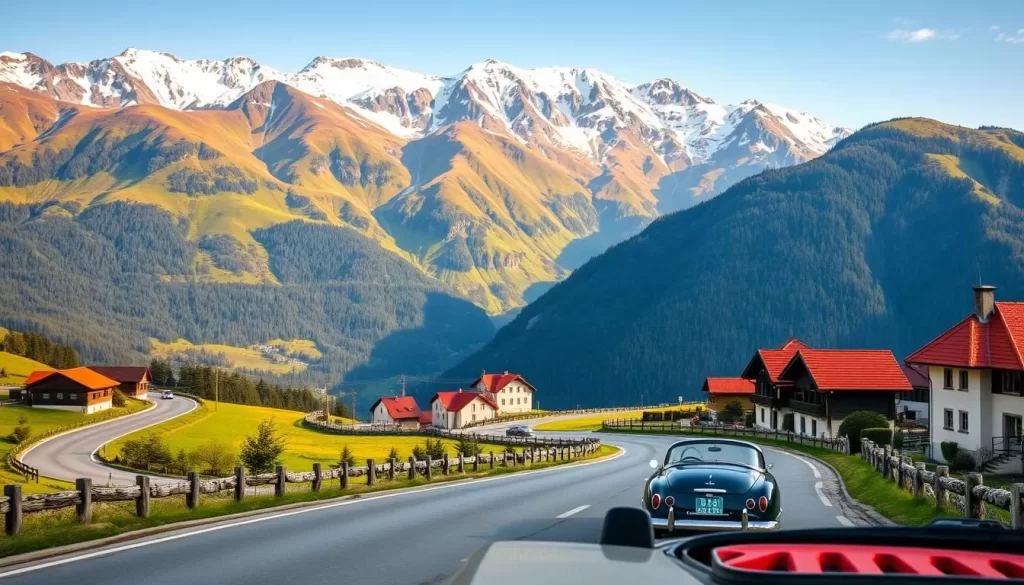 A scenic mountain road winding through Liechtenstein's picturesque countryside, with lush green hills and snow-capped peaks in the distance. In the foreground, a vintage car navigates the serpentine route, its chrome details gleaming in the warm, golden sunlight. Alongside the road, traditional Liechtenstein architecture, with its distinctive red-tiled roofs, blends seamlessly into the natural landscape. The image captures the essence of Liechtenstein's transportation, conveying a sense of tranquility, nostalgia, and the country's harmonious integration of man-made and natural elements.