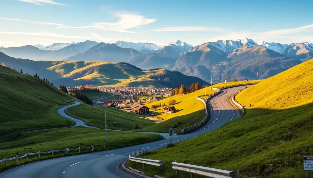 A scenic mountain road winding through the lush, green landscape of Triesenberg, Liechtenstein. The foreground features a well-maintained, paved road leading up the hillside, with occasional guardrails and stone walls lining the path. The middle ground showcases the quaint village of Triesenberg, with its traditional alpine-style buildings and red-tiled roofs nestled among the rolling hills. In the background, majestic snow-capped peaks of the Rätikon mountain range rise majestically, creating a breathtaking panoramic view. The lighting is warm and natural, casting a golden glow over the scene, and the sky is clear and blue, with a few wispy clouds drifting overhead. The overall atmosphere is one of tranquility, beauty, and accessibility, inviting the viewer to explore the picturesque town and its surrounding natural wonders.