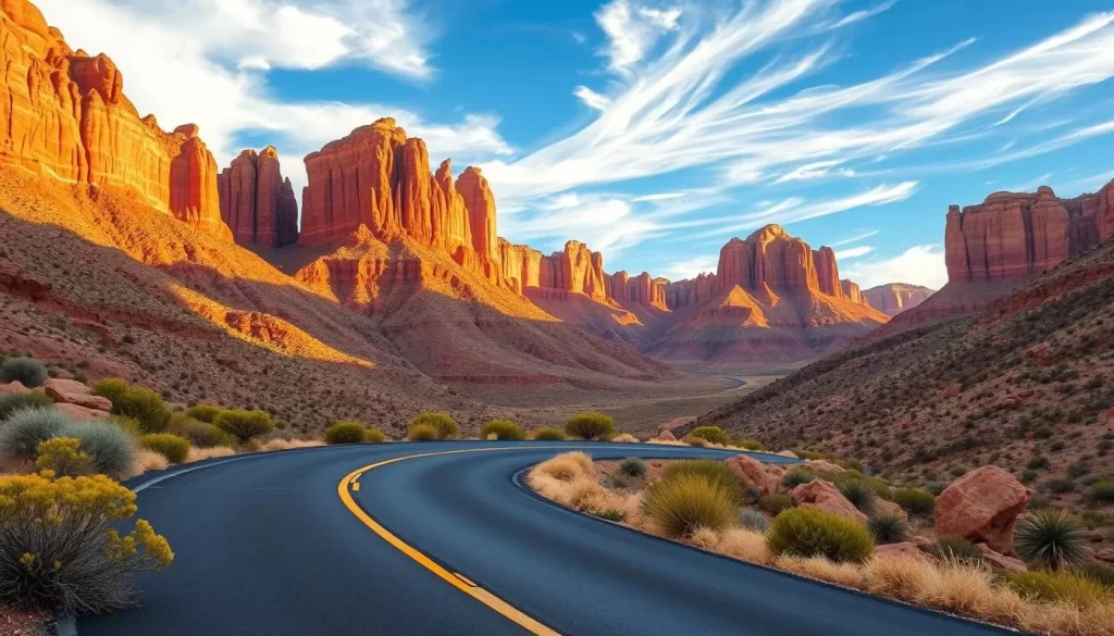 A scenic mountain road winds through a rugged, awe-inspiring landscape. Towering sandstone cliffs and mesas rise in the distance, their vibrant hues of red, orange, and gold bathed in warm, golden sunlight. In the foreground, the smooth asphalt ribbon of the road curves gently, flanked by vibrant green scrub and weathered rock formations. Wispy clouds drift across a brilliant blue sky, casting delicate shadows on the terrain below. The atmosphere is serene and tranquil, inviting the viewer to embark on an unforgettable journey through this magnificent natural wonder.