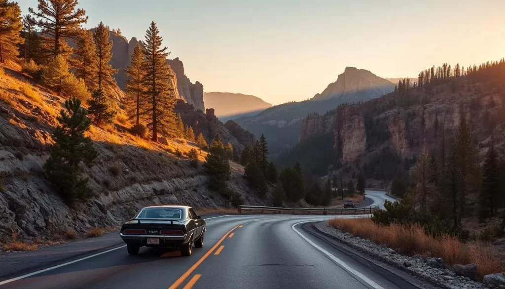 A scenic mountain road winds through the rugged, sun-dappled landscape of the Black Hills. Towering pines and granite peaks frame the winding tarmac, which snakes through dramatic canyons and offers breathtaking vistas at every turn. The road is bathed in warm, golden light, casting long shadows from the surrounding cliffs. A classic American muscle car or motorcycle cruises along the asphalt, capturing the thrill of the open road amidst the stunning natural beauty of this iconic South Dakota region.