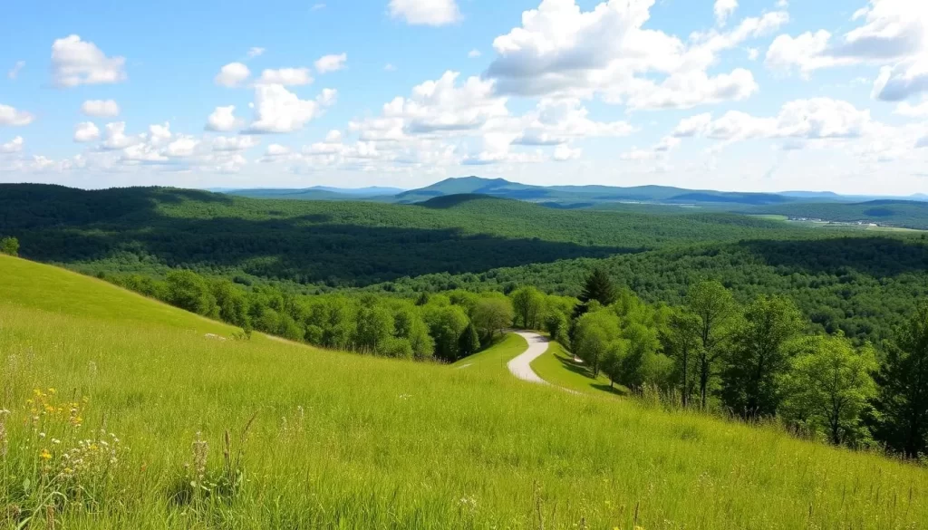 A scenic outdoor landscape in Virginia during a pleasant day, with a foreground of lush green meadows and wildflowers, a middle ground featuring a winding hiking trail leading into a dense, verdant forest, and a background of rolling hills and a clear blue sky with fluffy white clouds. The lighting is warm and natural, with the sun casting a soft, golden glow across the scene. The camera angle is slightly elevated, providing a panoramic view that captures the beauty and tranquility of Virginia's great outdoors.