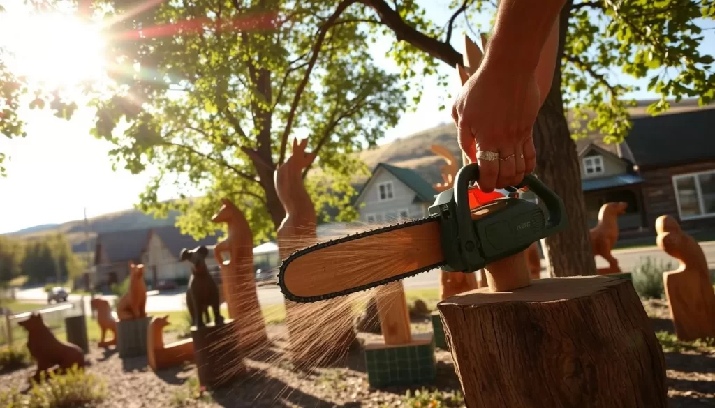 A scenic outdoor setting in the picturesque town of Keystone, South Dakota, where a skilled chainsaw artist carves intricate wooden sculptures amidst the natural beauty. Sunlight filters through the lush foliage, casting a warm glow on the dynamic scene. In the foreground, the artist's hands expertly guide the roaring chainsaw, shaping the wood into a captivating wildlife or nature-inspired piece. The middle ground showcases the artist's previous creations, each one a unique and impressive display of craftsmanship. The background features the town's charming architecture and the rolling hills that frame the serene outdoor gallery. The overall atmosphere is one of creativity, appreciation for the natural world, and a celebration of the region's vibrant arts community.