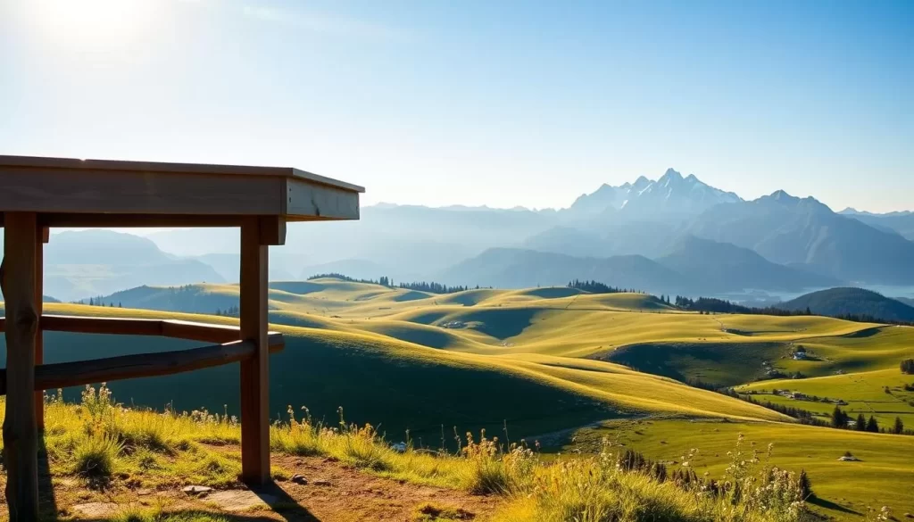 A scenic overlook in Seewinkel National Park, Austria, showcasing the vast, rolling meadows and distant alpine peaks. The foreground features a sturdy wooden observation platform with a panoramic view, bathed in warm, golden sunlight. In the middle ground, lush, verdant grasslands dotted with clusters of wildflowers sway gently in a light breeze. The background is dominated by a magnificent mountain range, its jagged snow-capped summits cutting a dramatic silhouette against the clear, azure sky. The scene exudes a sense of tranquility and awe-inspiring natural beauty, inviting the viewer to pause and take in the breathtaking landscape.