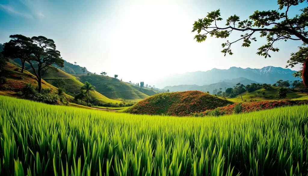 A scenic panorama of Karnataka's diverse seasons, captured with a wide-angle lens. In the foreground, lush green rice paddies glisten under the warm summer sun. In the middle ground, rolling hills dotted with vibrant wildflowers sway gently in a cool breeze. The background showcases the majestic Western Ghats, their peaks capped with a dusting of snow during the winter months. The lighting is soft and natural, creating a sense of tranquility and balance. The overall atmosphere evokes the beauty and harmony of Karnataka's ever-changing climate throughout the year.