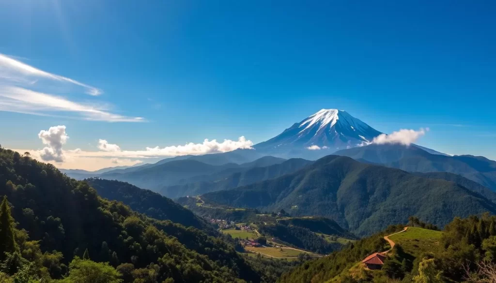 A scenic panoramic landscape of Mount Kinabalu, the highest mountain in Southeast Asia, rising majestically against a clear blue sky. The lush, verdant foothills and forests in the foreground lead the eye towards the imposing, jagged peak of the mountain, capped with a dusting of snow. Sunlight filters through wispy clouds, casting a warm, golden glow across the scene. In the middle distance, winding hiking trails and rustic lodges come into view, hinting at the adventure and exploration that awaits visitors. The serene, peaceful atmosphere evokes a sense of tranquility and the grandeur of nature.