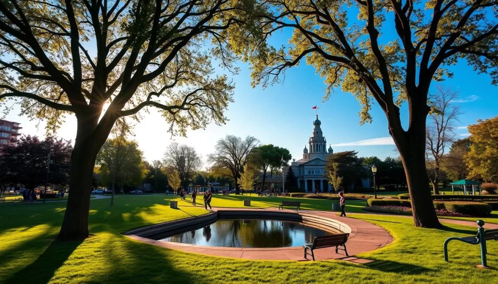 A scenic public park in the heart of Mitchell, South Dakota, with towering trees casting gentle shadows over lush green lawns. In the foreground, a serene pond reflects the azure sky, surrounded by a paved walkway dotted with benches inviting visitors to rest and soak in the tranquil atmosphere. In the middle ground, families stroll along the path, while children play on a nearby playground, their laughter echoing through the air. In the distance, the iconic Corn Palace rises, its vibrant murals and architectural details adding a unique charm to the scene. The warm, golden sunlight filters through the leaves, creating a warm, inviting ambiance that captures the essence of Mitchell's vibrant outdoor spaces.