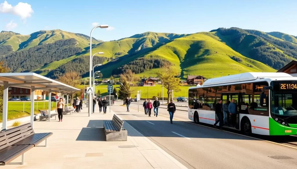 A scenic public transport hub nestled in the picturesque Gaflei region of Liechtenstein. A clean, modern bus stop with sleek benches and sheltered waiting areas. Lush green hills and mountains in the background, bathed in warm, natural sunlight. Passengers disembarking from a well-maintained, environmentally-friendly bus. Locals and visitors alike casually strolling, enjoying the tranquil alpine atmosphere. The overall scene conveys a sense of efficiency, accessibility, and harmony with the breathtaking natural surroundings.