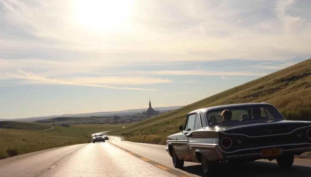 A scenic road trip through the rolling hills of South Dakota, leading to the charming town of Mitchell. The two-lane highway winds gently, flanked by lush meadows and distant buttes. Sunlight filters through wispy clouds, casting a warm glow over the landscape. In the foreground, a classic American road trip car cruises along, its occupants taking in the breathtaking views. The middle ground reveals the town of Mitchell, its iconic Corn Palace standing tall and proud. In the background, the horizon is dotted with the gently sloping silhouettes of the Great Plains. This tranquil, inviting scene captures the essence of discovering South Dakota's hidden gem.