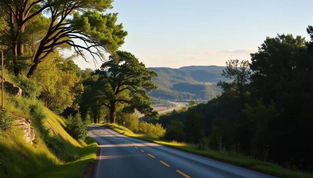 A scenic, sun-dappled stretch of the historic Natchez Trace Parkway, winding through verdant hills and forests. In the foreground, a well-maintained two-lane road flanked by lush greenery and occasional wildflowers. The middle ground reveals rolling hills and valleys, with the iconic Parkway snaking gracefully through the landscape. The background features a cloudless sky, bathed in warm, golden light that filters through the canopy of towering hardwood trees. The overall atmosphere evokes a sense of tranquility, timelessness, and the allure of exploring this treasured American byway.