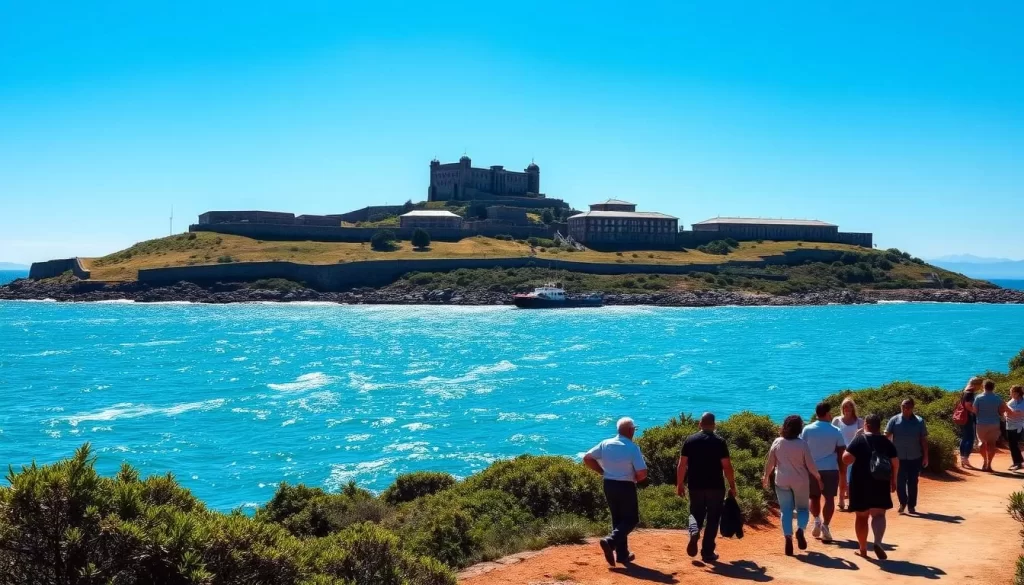 A scenic tour of Robben Island, South Africa, under a bright, azure sky. The historic prison buildings stand tall against the backdrop of the shimmering, azure waters of Table Bay. In the foreground, a group of visitors explore the island, their silhouettes casting long shadows as they wander the weathered paths. A gentle breeze ruffles the lush, verdant vegetation that dots the landscape, creating a serene and contemplative atmosphere. The image is captured through a wide-angle lens, showcasing the breadth and grandeur of this iconic historic site.