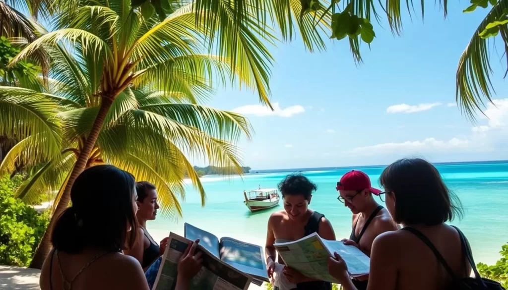 A scenic tropical landscape with a pristine beach, swaying palm trees, and a crystal-clear turquoise sea. In the foreground, a group of travelers planning their Lankayan Island adventure, poring over maps and guidebooks. Sunlight filters through the lush foliage, casting a warm glow over the scene. In the background, the silhouette of a small wooden boat drifts across the horizon, hinting at the aquatic wonders waiting to be explored. The atmosphere is one of excitement and anticipation, capturing the spirit of an unforgettable Lankayan Island trip.