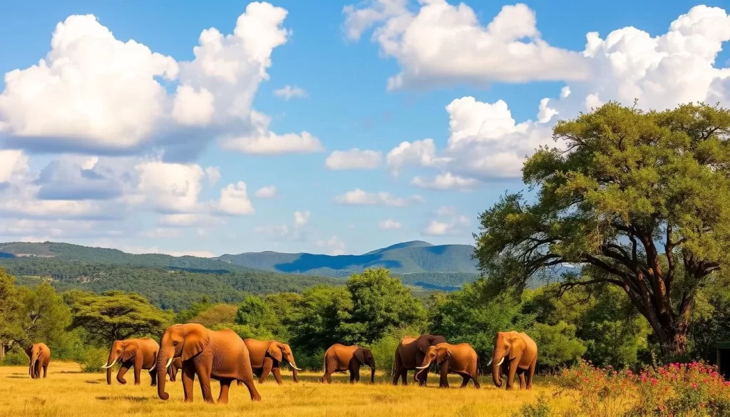 A scenic view of Addo Elephant National Park in South Africa, with a clear blue sky and fluffy white clouds. In the foreground, a herd of majestic African elephants grazes peacefully, their large ears flapping in the gentle breeze. The middle ground features lush, verdant vegetation, including towering trees and vibrant, colorful flowers. In the background, rolling hills and mountains create a stunning, natural landscape. The lighting is warm and golden, creating a serene and inviting atmosphere. Capture this idyllic scene using a wide-angle lens to showcase the vast beauty of the park.