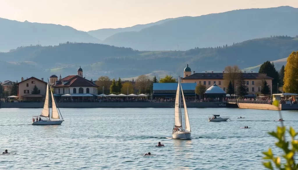 A scenic view of Klagenfurt's picturesque Wörthersee lake on a sunny day. In the foreground, sailboats and swimmers enjoying the tranquil waters. The middle ground features the promenade lined with cafes, restaurants, and people strolling along. In the background, the rolling hills and mountains provide a stunning natural backdrop. Soft, warm lighting casts a golden glow over the scene, creating a serene and inviting atmosphere. The composition captures the essence of Klagenfurt's vibrant seasonal activities and events around the Wörthersee.