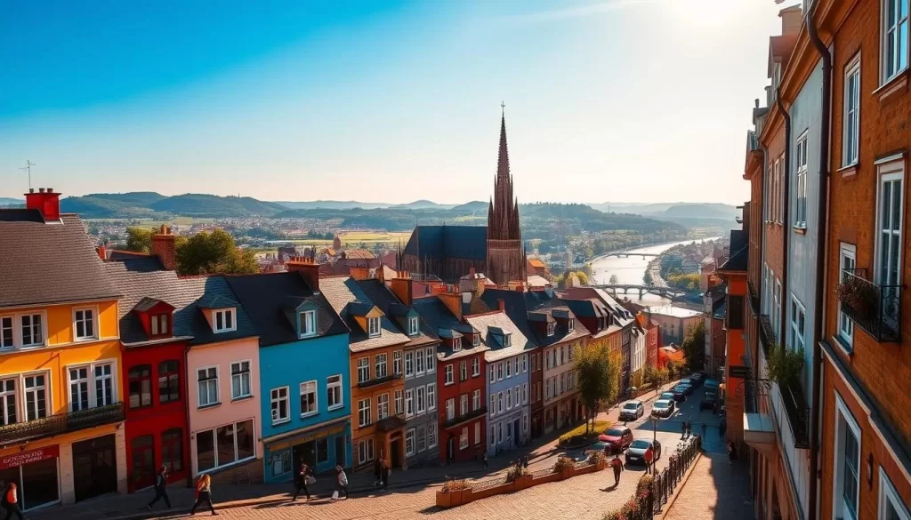 A scenic view of Liège, Belgium on a sunny day. In the foreground, colorful townhouses line a cobblestone street, with people strolling along the sidewalks. In the middle ground, the iconic Liège Cathedral stands tall, its spires reflecting the warm sunlight. In the background, the Meuse River winds through the city, with hills and forests in the distance. The overall scene exudes a vibrant, lively atmosphere, showcasing the best that Liège has to offer during the ideal time to visit.