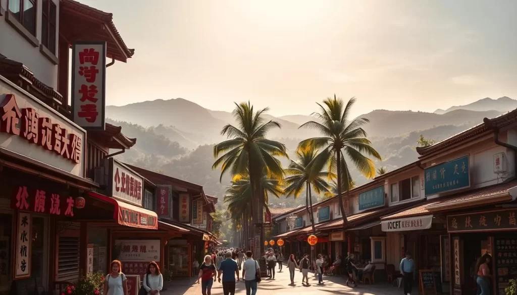 A scenic view of Pingtung County, Taiwan, bathed in the warm glow of a bright, sunny day. In the foreground, a bustling street lined with traditional Taiwanese shops and restaurants, their vibrant signage and facades written in elegant Mandarin Chinese characters. Pedestrians stroll casually, immersed in the lively atmosphere. In the middle ground, the silhouettes of towering palm trees sway gently, creating dappled shadows across the scene. Beyond, rolling hills and mountains rise up, their verdant slopes and peaks creating a serene, picturesque backdrop. The overall mood is one of tranquility and cultural richness, reflecting the prominent status of Mandarin Chinese as the official language of this stunning region.