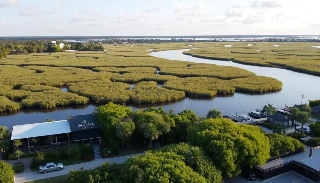 A scenic view of Shem Creek with the marshlands and waterfront restaurants.