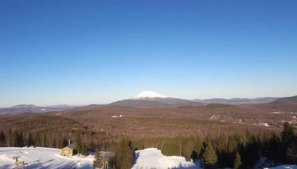 A scenic view of Sugarloaf Mountain Resort area on a sunny day. In the foreground, ski runs and snowmaking equipment are visible, highlighting the resort's winter activities. The middle ground features the iconic Sugarloaf summit, capped with snow, rising majestically against a clear blue sky. In the background, rolling hills and forests create a picturesque landscape, showcasing the natural beauty surrounding the resort. The scene is captured with a wide-angle lens, emphasizing the expansive scale of the resort and its idyllic mountain setting. Warm, natural lighting illuminates the scene, conveying a welcoming and serene atmosphere.
