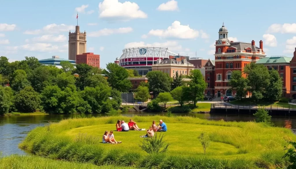 A scenic view of downtown Tuscaloosa, Alabama on a sunny day. In the foreground, a group of people enjoying a picnic on the grassy banks of the Black Warrior River, surrounded by lush greenery. In the middle ground, the iconic Bryant-Denny Stadium towers in the distance, its architecture a symbol of the city's vibrant sporting culture. In the background, the historic buildings of the University of Alabama campus stand tall, their red-brick facades bathed in warm, golden light. The overall atmosphere is one of relaxation and community, capturing the budget-friendly charm of Tuscaloosa's free outdoor activities.