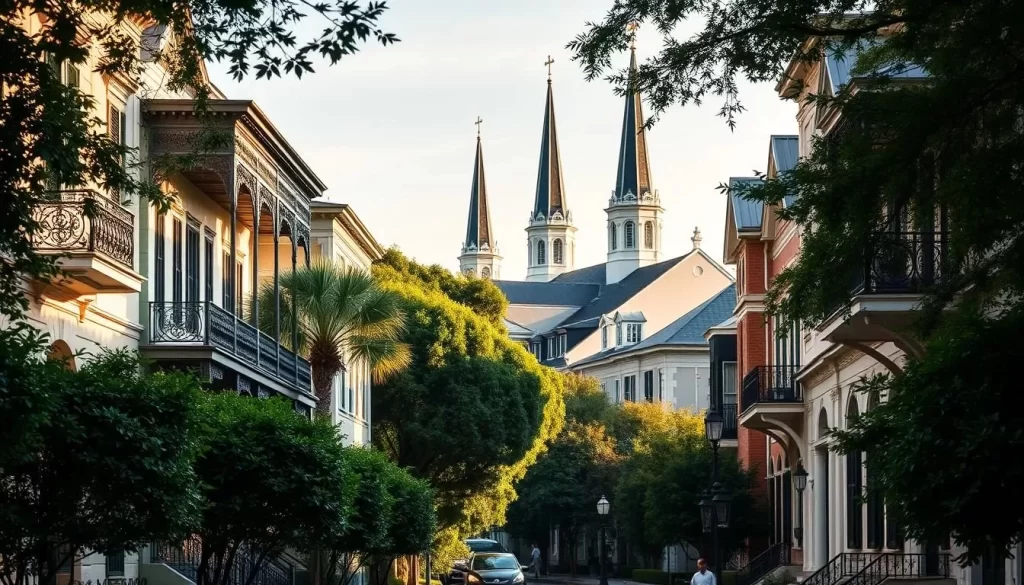 A scenic view of historic homes lining the picturesque streets of Charleston, South Carolina. In the foreground, elegant antebellum mansions with intricate wrought-iron balconies and pastel-colored facades stand proud, their charming architecture reflecting the city's rich history. The middle ground features lush, verdant foliage framing the stately buildings, while the background showcases the iconic steeples and spires of the city's historic churches. The scene is bathed in warm, golden sunlight, casting gentle shadows and creating a serene, timeless atmosphere. The overall composition captures the undeniable beauty and essence of Charleston's exceptional historic homes and the city's cherished architectural heritage.
