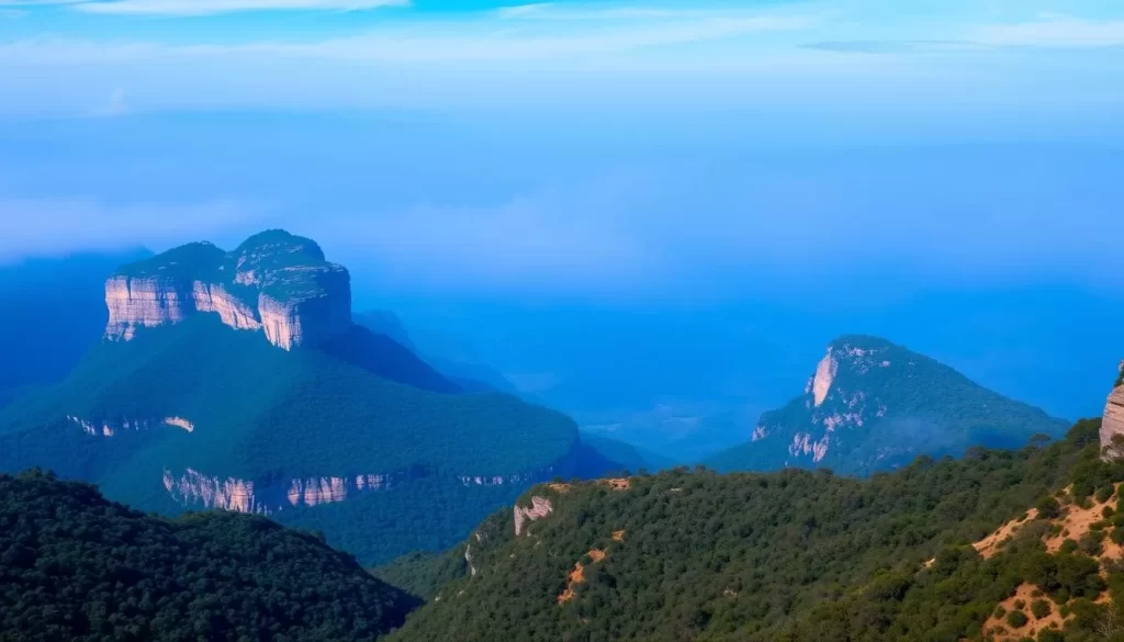 A scenic view of the Three Sisters rock formation in the Blue Mountains, with the misty blue haze surrounding the peaks.