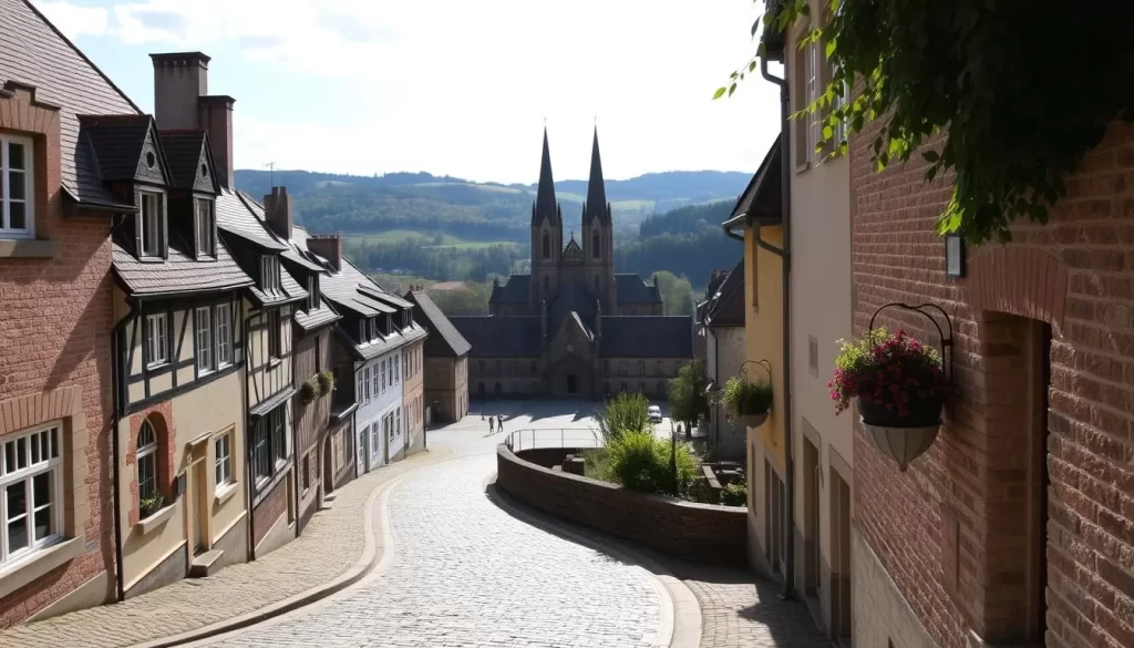 A scenic view of the historic town of Diekirch, Luxembourg on a pleasant sunny day. In the foreground, cobblestone streets wind past charming 19th-century townhouses with intricate facades. In the middle ground, the iconic spires of the Diekirch Cathedral rise majestically, casting long shadows across the quaint town square. In the background, rolling green hills and lush forests create a picturesque pastoral setting. The lighting is soft and natural, accentuating the warm, inviting atmosphere of this well-preserved medieval town. Capture the rich history and timeless beauty of Diekirch in a realistic, photographic style.