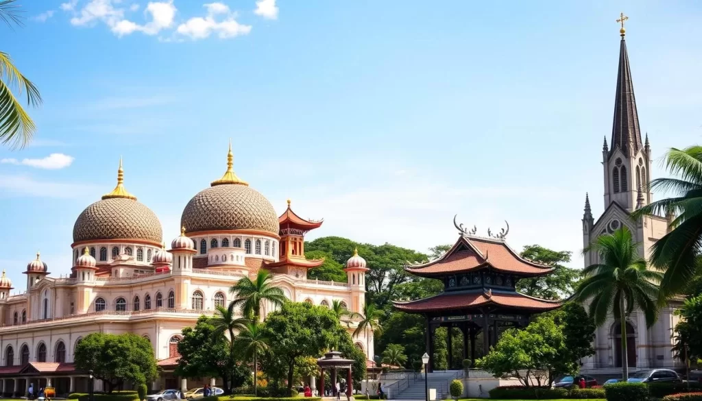 A scenic view of the vibrant religious landmarks in Klang, Malaysia on a sunny day. In the foreground, the majestic Masjid Diraja Bandar Diraja Klang, a grand mosque with intricate Islamic architecture, its domes and minarets catching the warm sunlight. In the middle ground, the tranquil Guan Yin Temple, a Chinese Buddhist shrine surrounded by lush greenery. Behind them, the historic St. John's Church, its Gothic-style spire reaching towards the clear blue sky. The scene exudes a harmonious blend of Malaysia's diverse cultural and religious heritage.