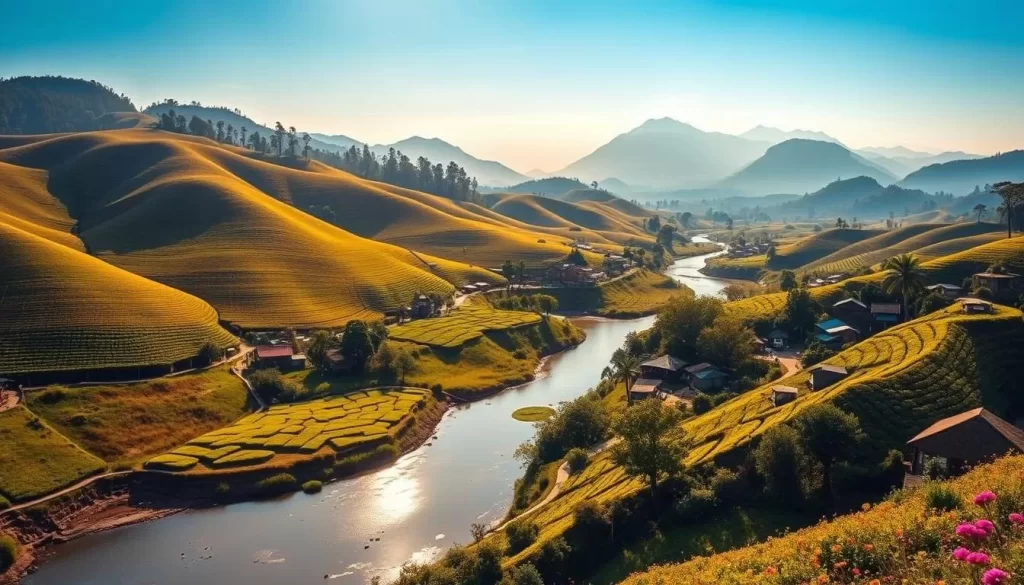 A scenic vista of Assam's lush, rolling hills and verdant tea plantations, bathed in the warm, golden glow of a sun-dappled afternoon. In the foreground, a winding river snakes through the landscape, its reflective surface mirroring the majestic Himalayas that rise in the distance. Vibrant patches of wildflowers dot the gentle slopes, while traditional bamboo huts and bustling markets nestle between the undulating terrain. The air is crisp and clear, inviting the viewer to immerse themselves in the serene, timeless beauty of this northeastern Indian gem.